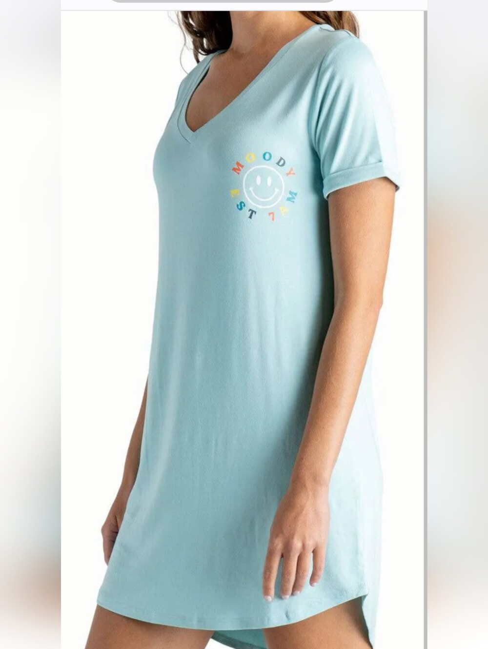 Hello Mello Light Blue V-Neck Smiley T-Shirt Dress Moody Cozy Soft NWT 12-16